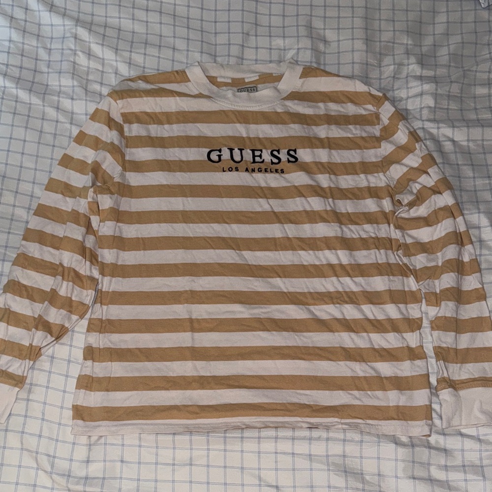 Guess Men's Beige and White Striped Long Sleeve Tee
